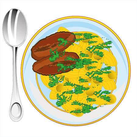 Dish in plate of the chop with noodle and verdureのイラスト素材