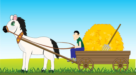 Vector illustration of the farmer on horse cart with hayのイラスト素材