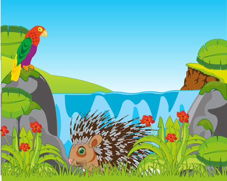 Vector illustration of the beautiful landscape of the waterfall in tropical jungleのイラスト素材