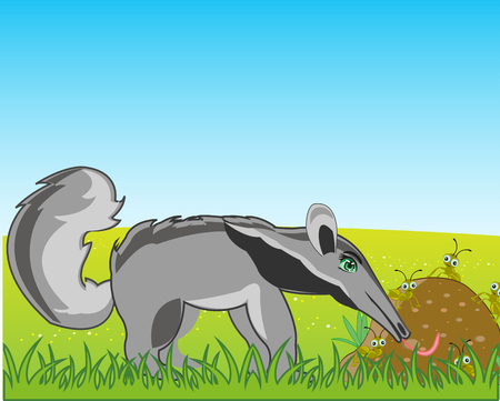 Vector illustration of the wildlife anteater on glade beside anthill