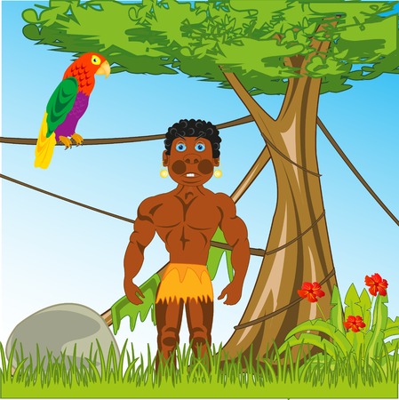 Green tropical jungle and man with dark skin on background of the natureのイラスト素材