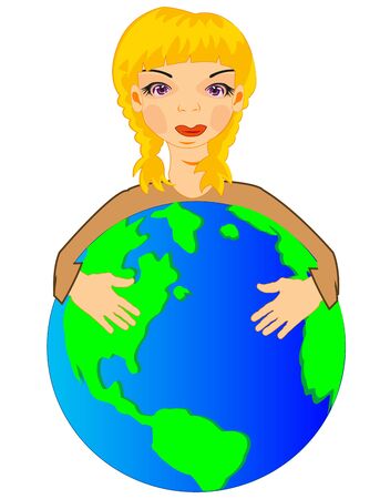 illustration of the girl embracing hand globeのイラスト素材