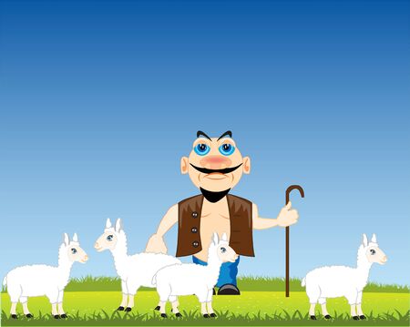 Vector illustration men shepherd and animal sheep on on year meadowのイラスト素材