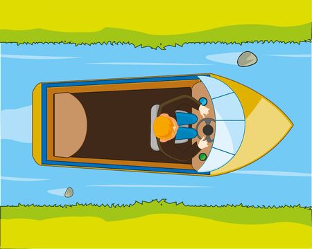 Small motorboat sails on river type overhandのイラスト素材