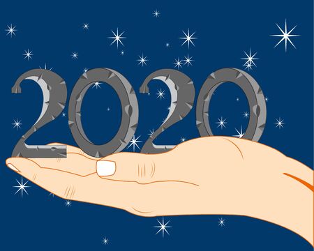 Decorative blue background and numerals approaching new year on palm of the person