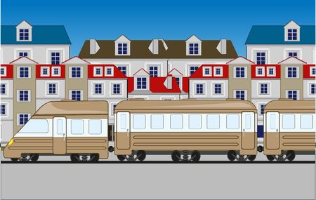 Vector illustration of the cartoon of the train on background of the cityのイラスト素材