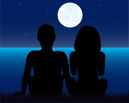 Silhouettes men and women sitting beside yard moon in the nightのイラスト素材