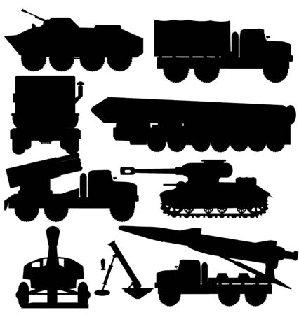 Vector illustration silhouette military cars with rocket and tankのイラスト素材
