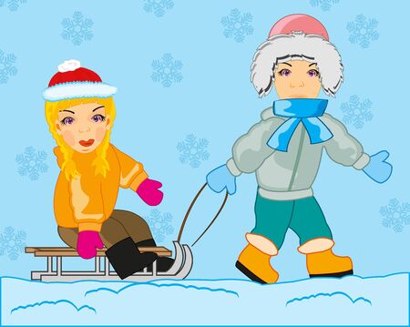 Boy rolls girl on sled in winterのイラスト素材