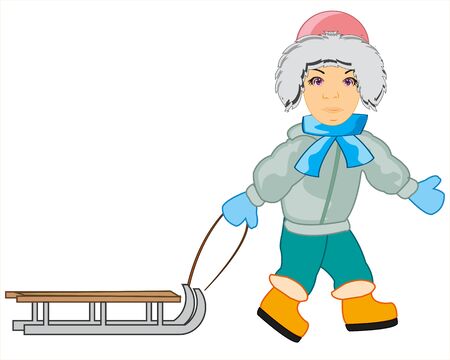 Teenager with sled on white backgroundのイラスト素材