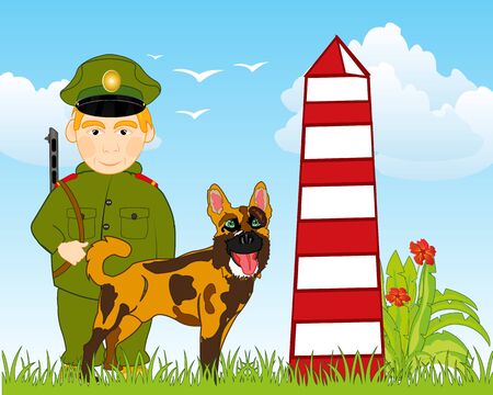 Border pole and soldier protecting border with dogのイラスト素材