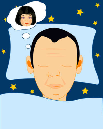 Head sleeping men on pillow and girl appears in the dreamsのイラスト素材