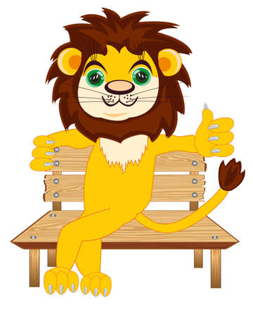 Cartoon animal lion sitting on wooden benchのイラスト素材