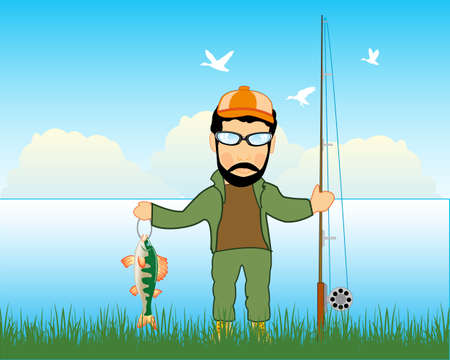 Fisherman on river with catch and fishing rodのイラスト素材