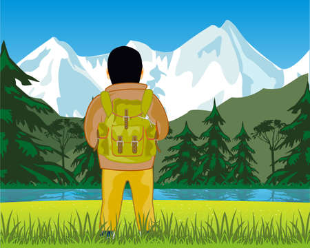Man travellier beautiful landscape admires with rucksackのイラスト素材