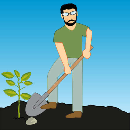 Man boarding the plants concerns with with shovelのイラスト素材