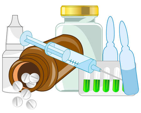 Medicine and tablets with pill and syringeのイラスト素材