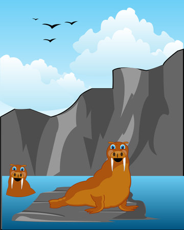 North animals walruses on stone seaborne landscapeのイラスト素材