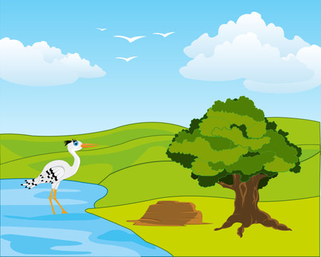 Year landscape lake and small hills daytimeのイラスト素材