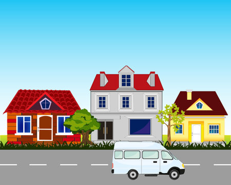 Road and small village located along the roadのイラスト素材