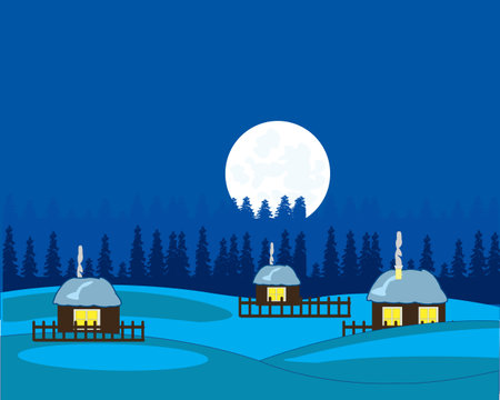 Winter night and small village in woodのイラスト素材