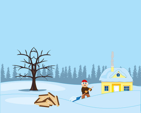 Winter village surrounded by snow and man with shovelのイラスト素材