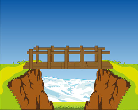 Wooden bridge through deep ravine on the background of the mountainsのイラスト素材