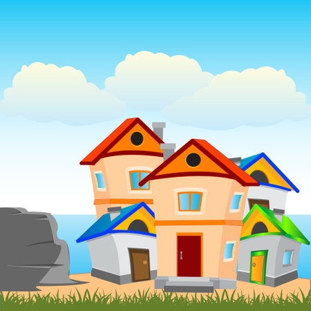 Colorful landscape seeshore and fairy-tale lodge ashoreのイラスト素材