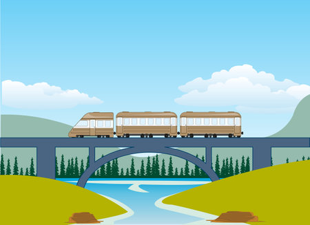 Train with coach on bridge through river on background of the natureのイラスト素材