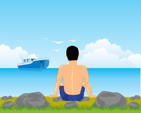 Beautiful landscape seeshore and sitting solitary of the personのイラスト素材