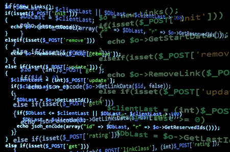 Programming code on black screen, blue text. Abstract software development (source code)