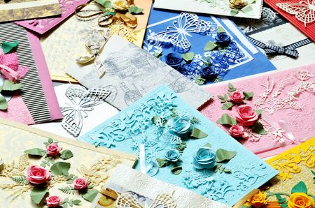 Pile of decorative paper cards, valentine, wedding, background, texture