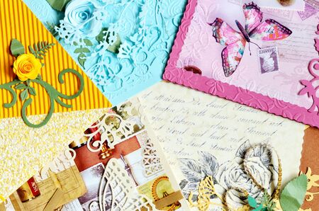 Pile of decorative paper cards, valentine, wedding, background, textureの写真素材