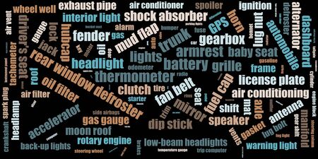 Word cloud concept. Collage illustration. Terms - car parts. Colors: beaver, antique brass, brown, sepia, shadow.の写真素材