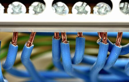 Close-up of wiring of electric cables to circuit breakers. Connection according to the Czech...