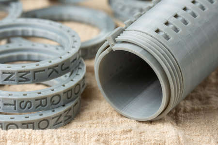 Close-up of plastic cryptex printed on a 3D printer. Printed by FDM technology with gray filament.の写真素材