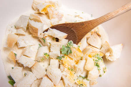 Mixture of buns, eggs and herbs for the preparation of typical Czech dumplings