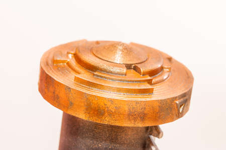 Bronze color plastic part printed on a 3D printer. Cover part of plastic cryptex. Isolated on white background.の写真素材