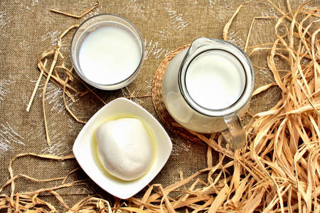 View from top of milk in a glass jug and a bowl of fresh goat cheese on vintage decorative...