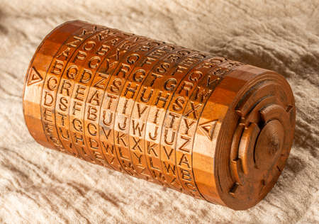 Bronze cryptex invented by Leonardo da Vinci from the book da vinci code. Word creativity as password set by letters rings. Cryptographic equipment printed on a 3D printerの写真素材
