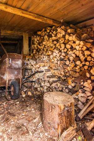 Interior of a shed for storing and drying firewood for the winter
