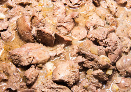 Finely chopped poultry fried liver. Close-up texture.の写真素材