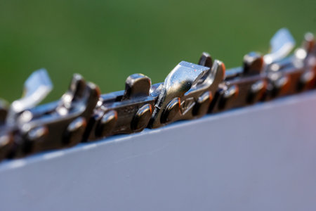 Close-up of detail of a chainsaw tooth.の写真素材