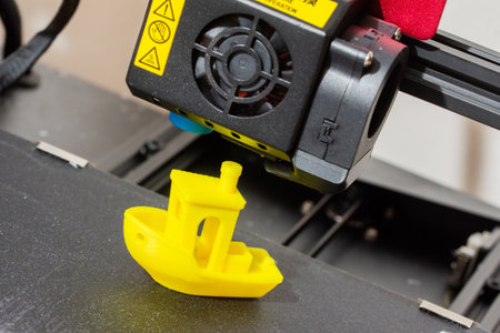 Finished 3D printed model of yellow ABS ship. Detail of printhead with fan and hotend.