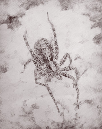 Charcoal or graphite drawing of big spider on flowers.の写真素材