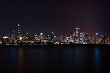 Chicago downtown skyline nightの写真素材