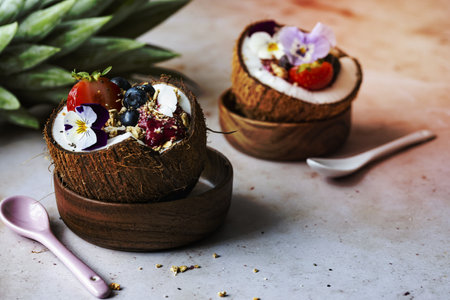 Acai smoothie in coconut shellの写真素材