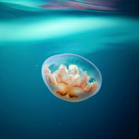 A small jellyfish swims just under the surface of the sea in Raja Ampat, Indonesia. Jellyfish are often found in substantial numbers, called a bloom of jelliesの素材