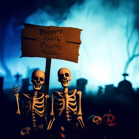 Halloween Party - Skeletons With Wooden Banner In Spooky Nightsの素材