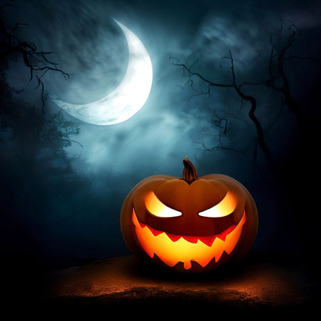 Halloween background. Spooky pumpkin with moon and dark forestの素材